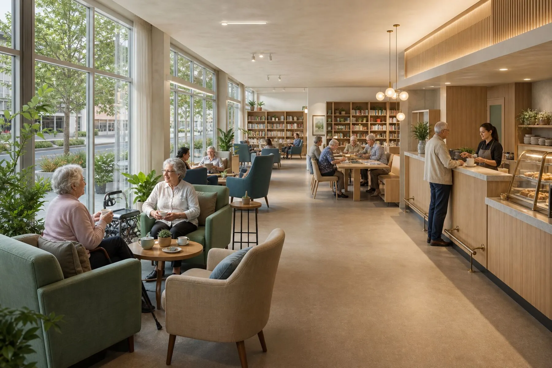 Café lumineux au rez-de-chaussée, ouvert sur la rue