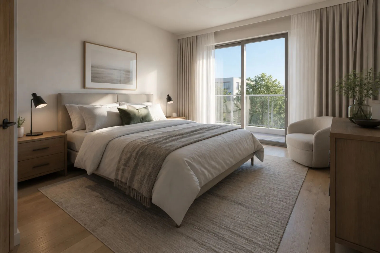 Chambre avec porte-fenêtre donnant sur le balcon
