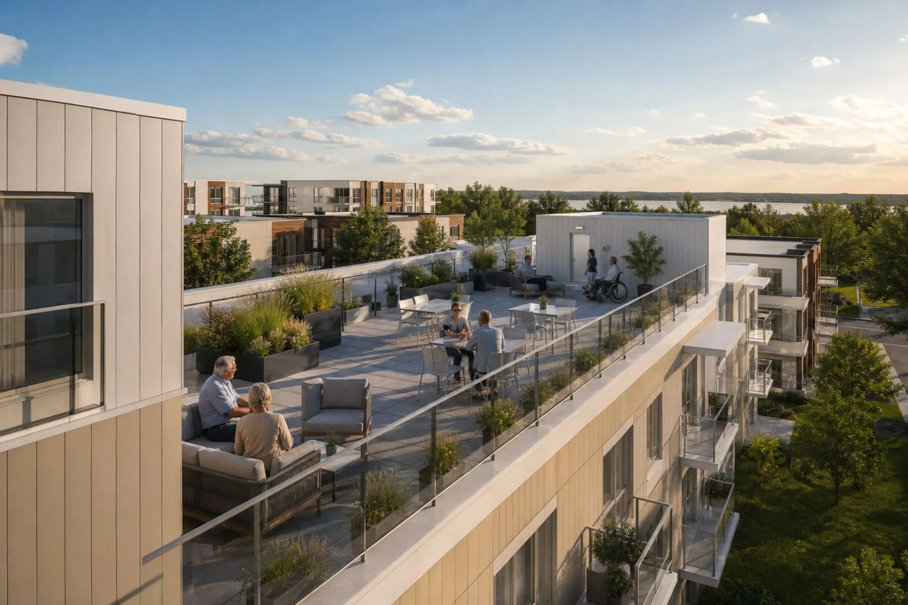 Résidents de tous âges sur la terrasse au toit, dont une personne en fauteuil roulant
